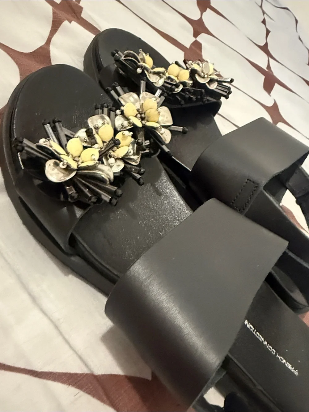 French Connection Black Slide Sandals with Yellow Floral Bead Accents